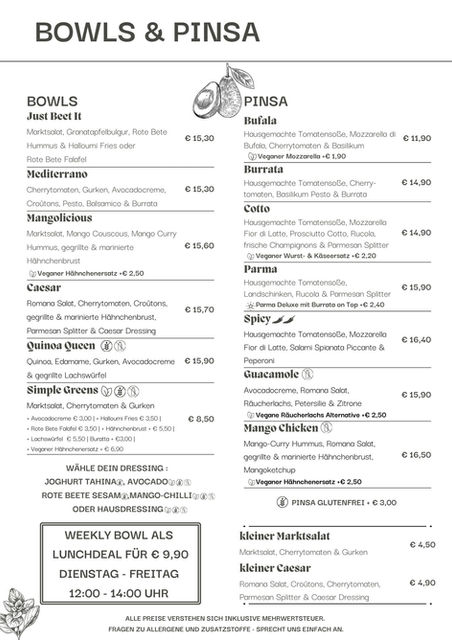 Raclette, Bowls, Pinsa, Frühstück, Lunch, Dinner, Kaffee, Café, Matcha, Limos, Aperitif, Bier, Mezze