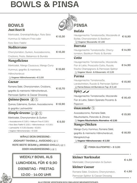 Raclette, Bowls, Pinsa, Frühstück, Lunch, Dinner, Kaffee, Café, Matcha, Limos, Aperitif, Bier, Mezze