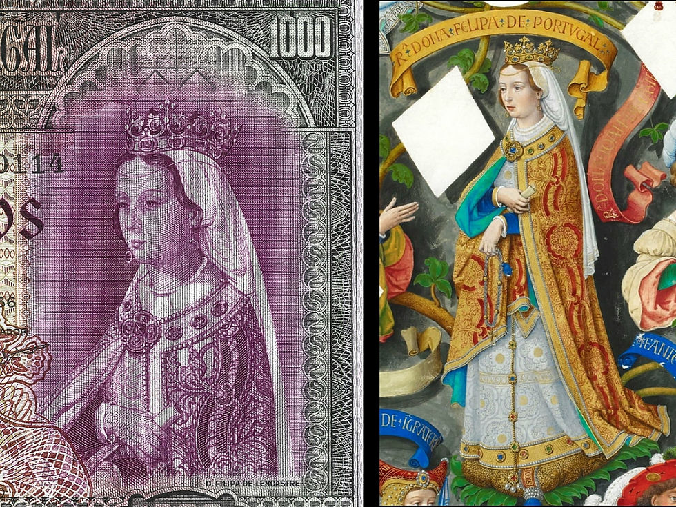 À esquerda, pormenor da nota que mostra um retrato de D. Filipa de Lencastre. À direita, pormenor de uma iluminatura da Genealogia dos Reis de Portugal com destaque na D. Filipa.