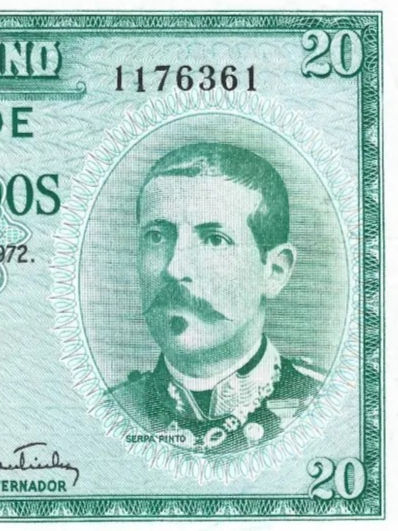 Pormenor da nota de 20 Escudos de 1972, a mostrar o busto do explorador Serpa Pinto