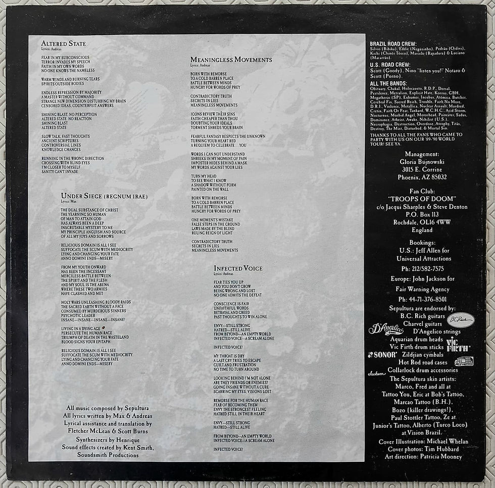 Inner sleeves com as letras do lado B do álbum Arise, dos Sepultura, que abordam temas como a violência, a manipulação ideológica, a destruição e o colapso social.