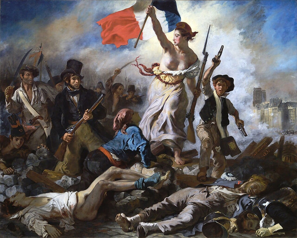 "A Liberdade Guiando o Povo" de Eugène Delacroix (1830), celebrando a Revolução de julho (Museu do Louvre).