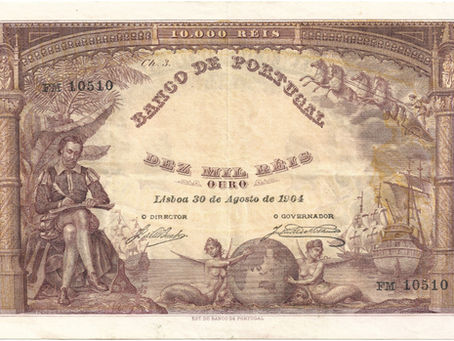 Nota de 10.000 Réis de 1904, a representar Camões, ninfas, caravelas e várias alegorias.