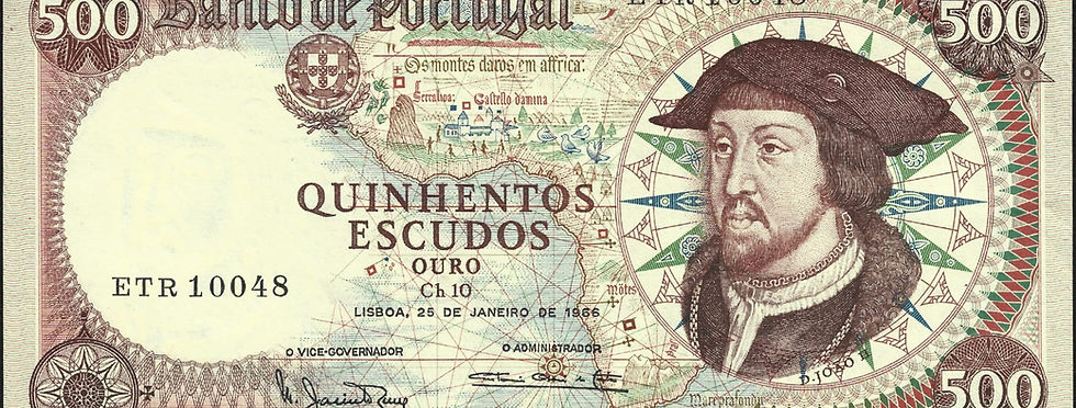 Imagem de uma nota de 500 Escudos emitida pelo Banco de Portugal em 1966, com o rosto de D. João II.