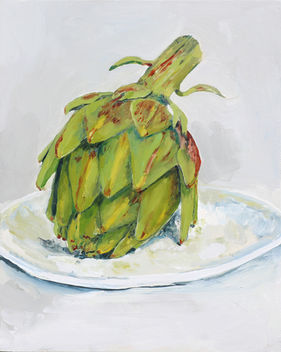 An oil painting on panelof an upended artichoke on a plate created in 2022by Maggie Kleinpeter
