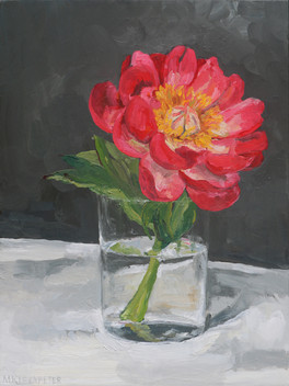 original oil painting of a pink peony in a glass by Maggie Kleinpeter