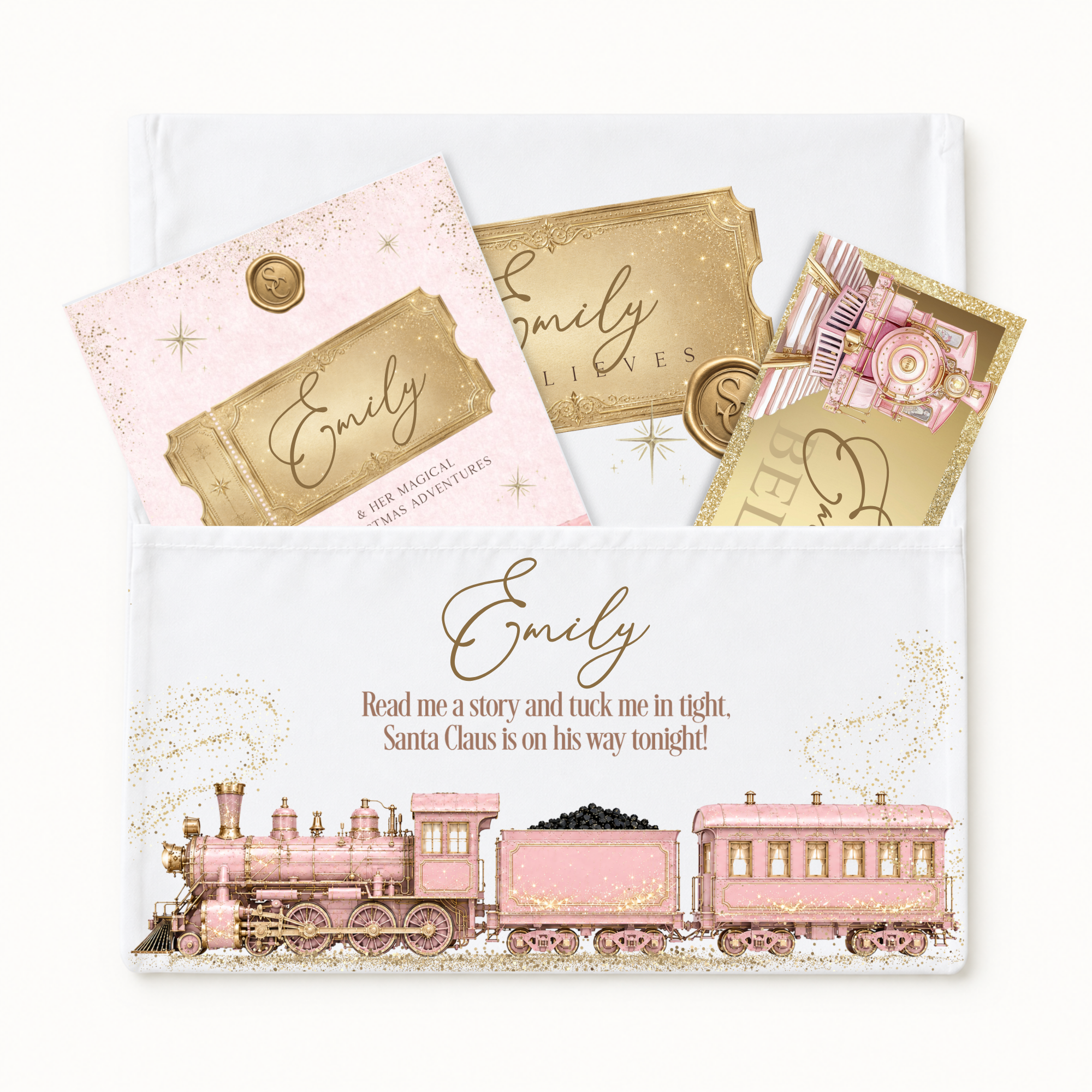 personalised christmas express cushion cover with matching story booklet & golden ticket 