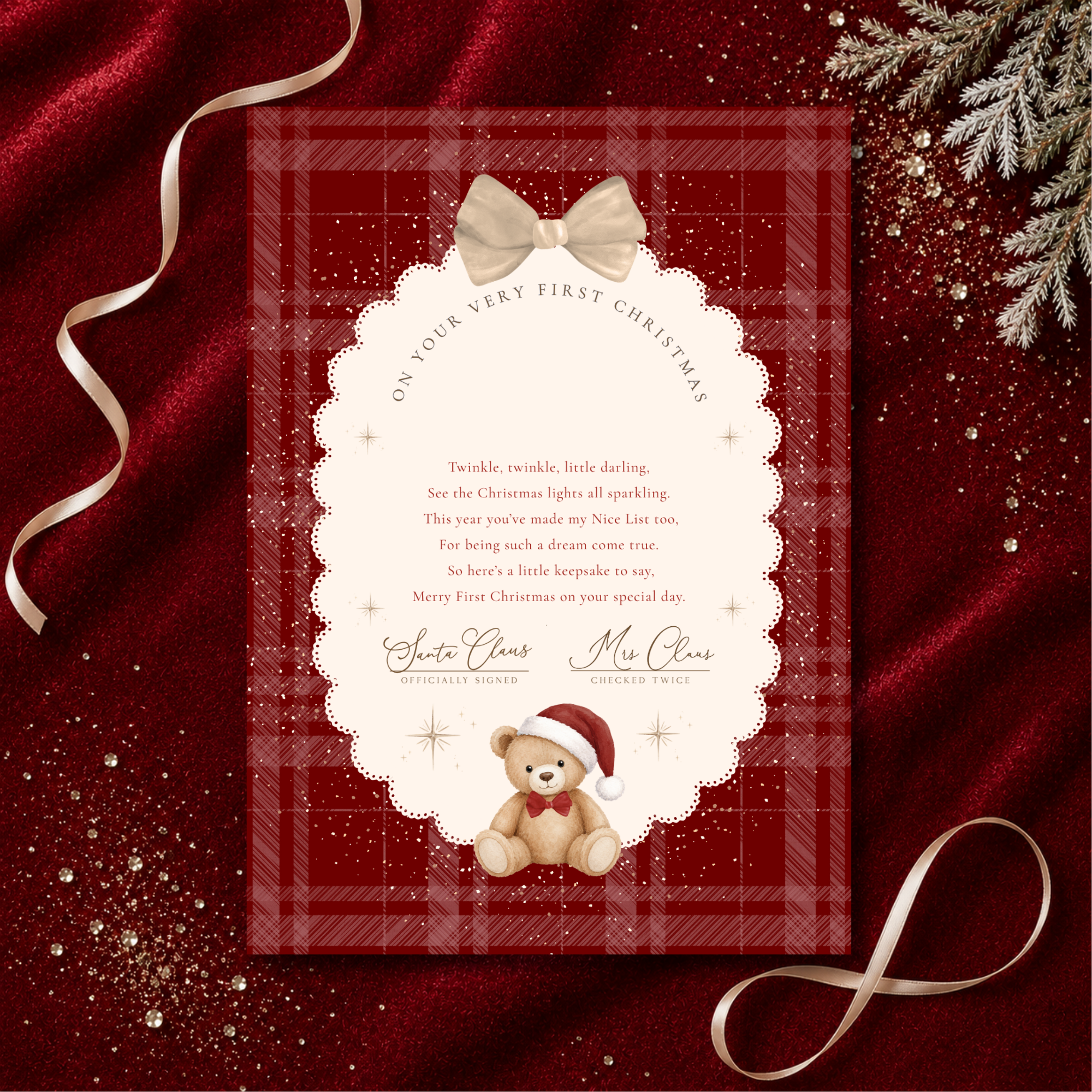 First Christmas Teddy - Personalised Nice List Letter - 3 colours