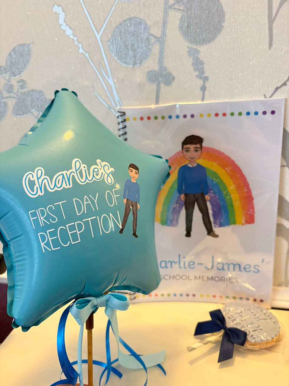 Thumbnail: personalised school memory book with rainbow and dolly image, matching blue balloon wand