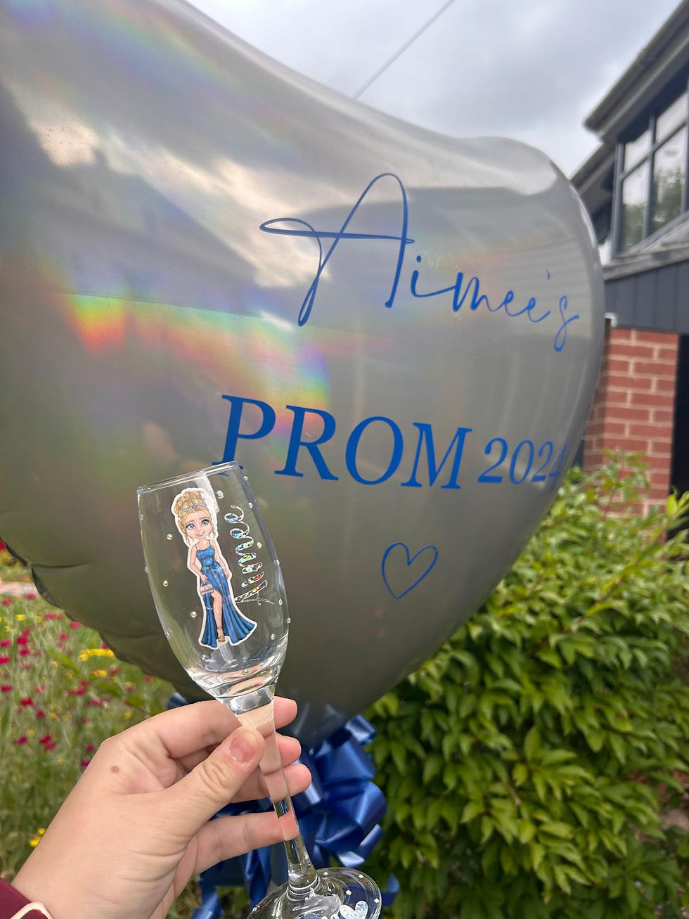 Thumbnail: personalised champagne glass flutes with gems, bows and name. dolly image to match prom girl, matching XL heart balloon
