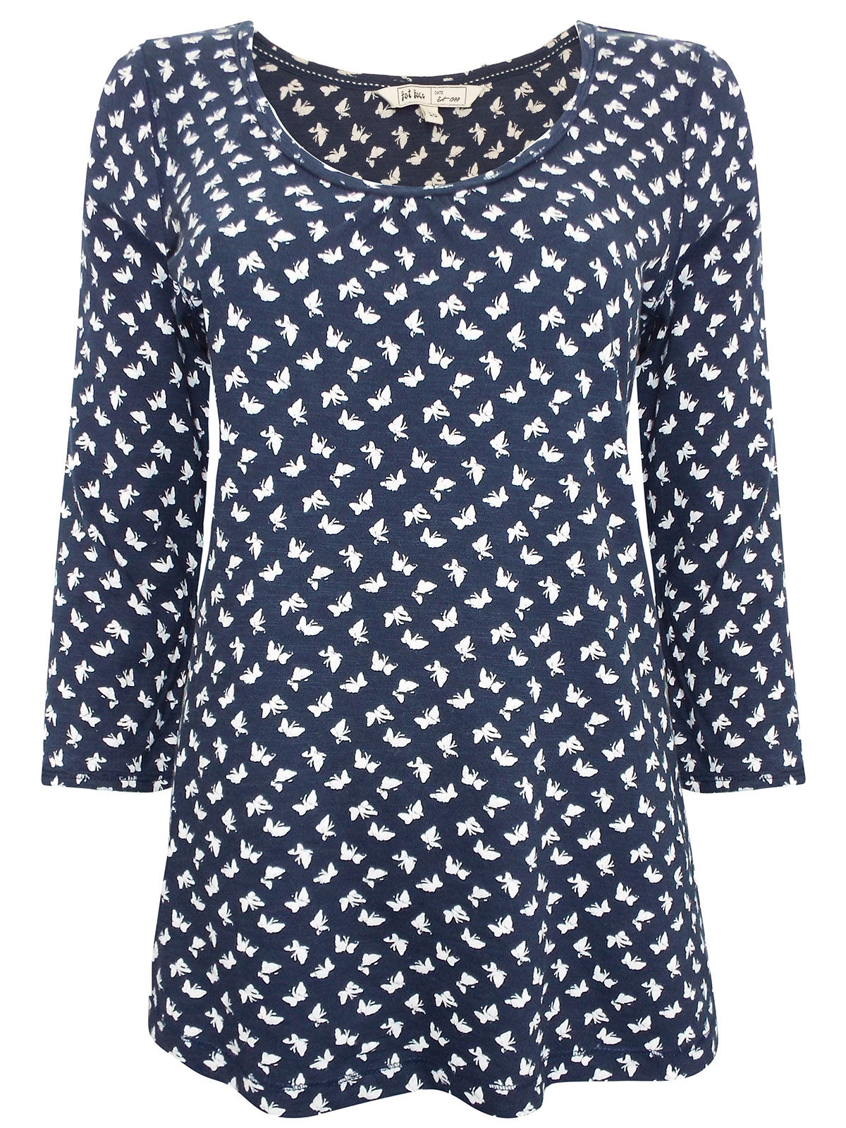 EX Fat Face Navy Pure Cotton Butterfly Print 3/4 Sleeve Top in Size 10