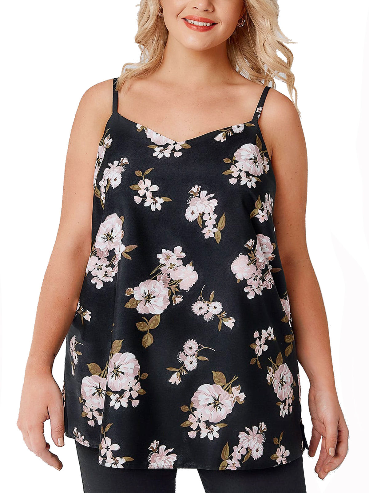 Yours Black Floral Print Side Splits Woven Cami Top