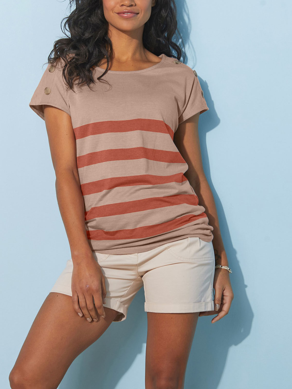 Blancheporte Taupe Striped Button Shoulder T-Shirt in Sizes 14/16, 18/20, 24, 26