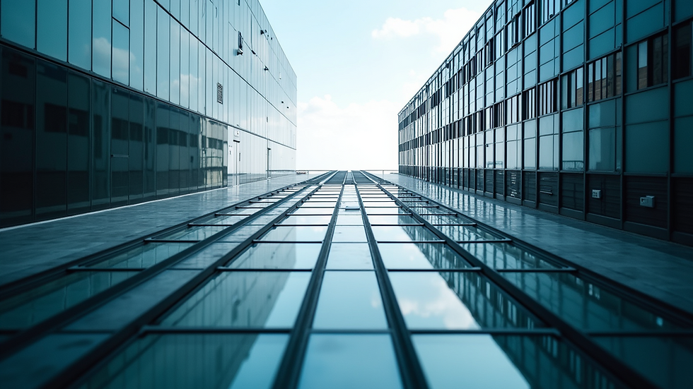 Eye-level view of a modern office building representing corporate leadership
