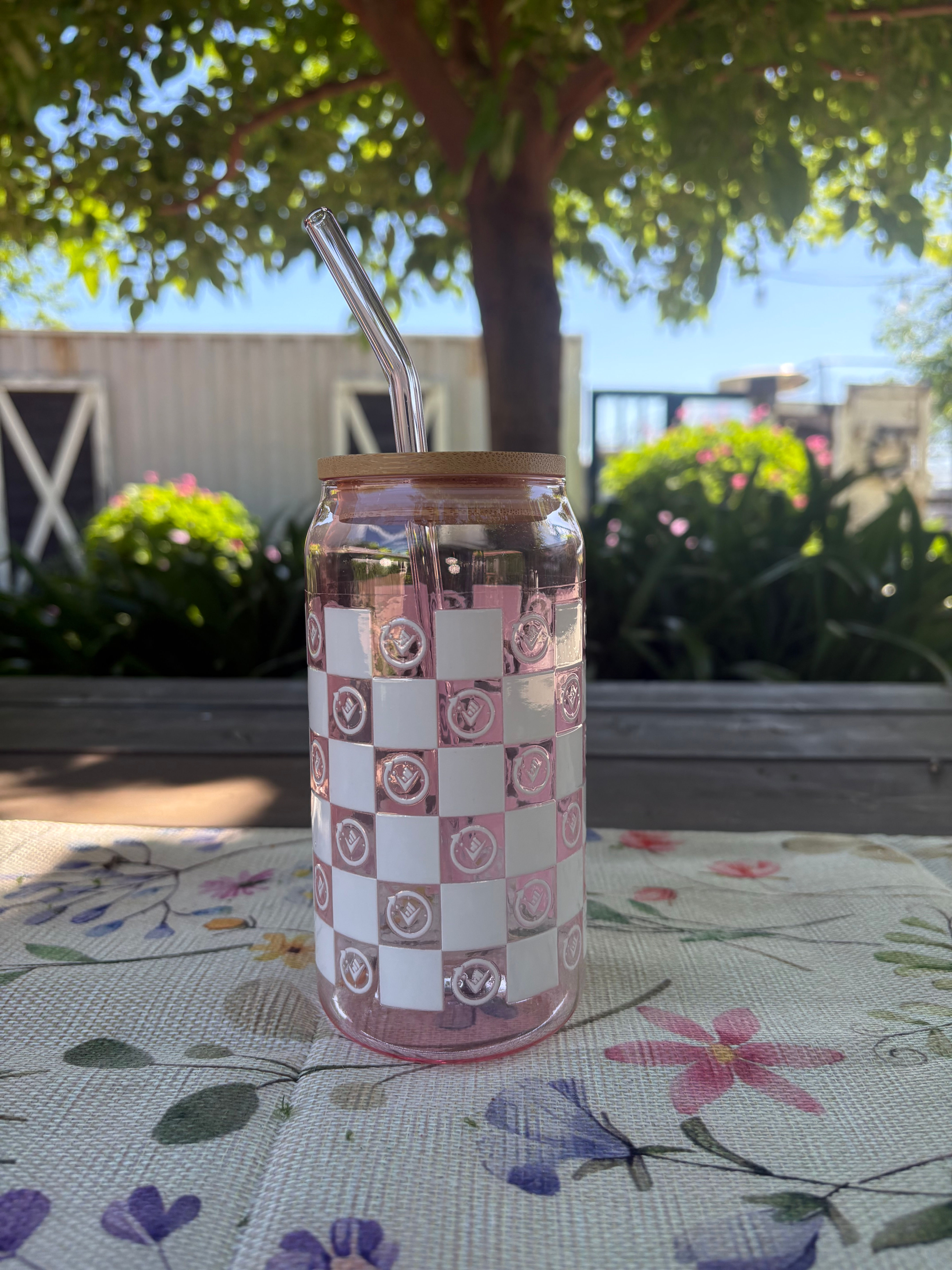 Pink RESET Checkered Glass 16 oz Tumbler