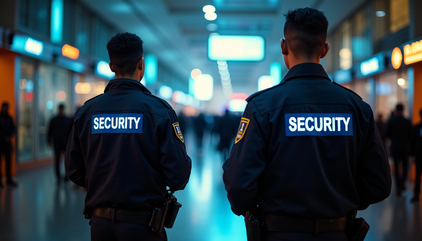 Eye-level view of security personnel monitoring event entrance