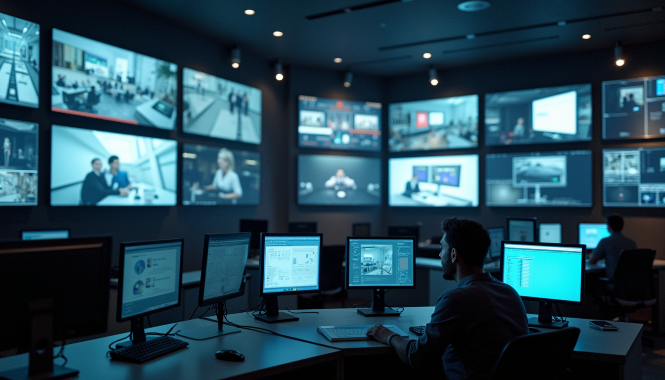 High angle view of security control room with multiple surveillance monitors