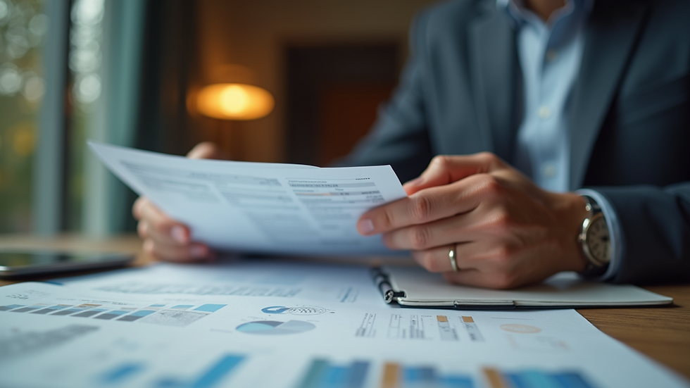 Eye-level view of a young man reviewing financial documents