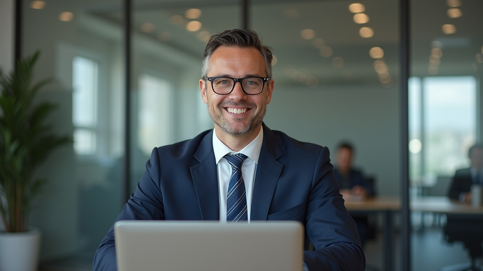 Eye-level view of a confident business leader in an office