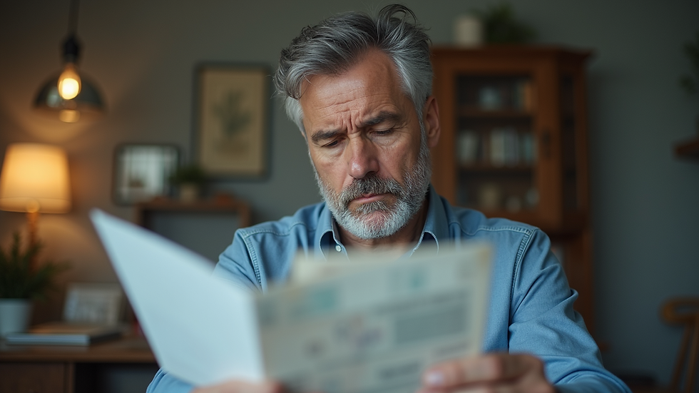 Close-up view of worried middle-aged man looking at bills