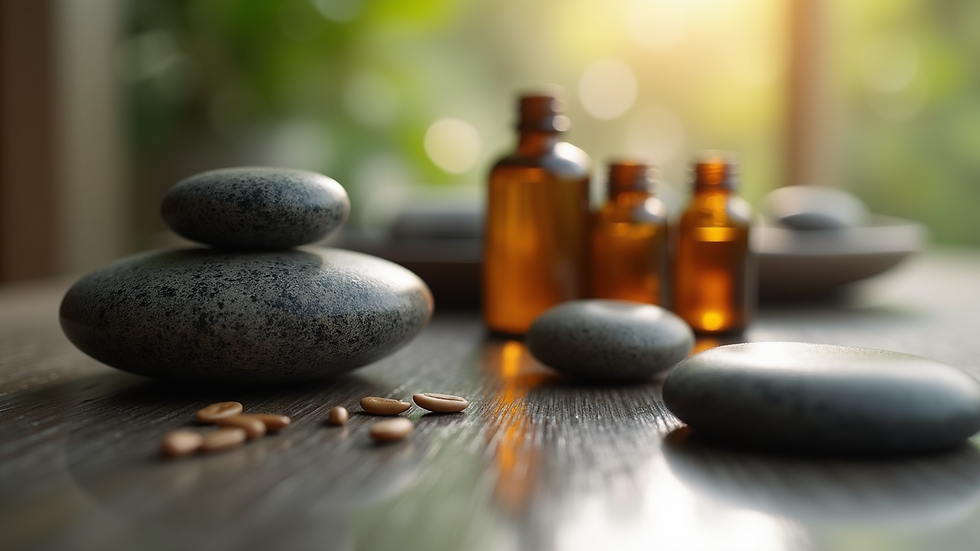 Close-up view of smooth stones and essential oils arranged for a massage session