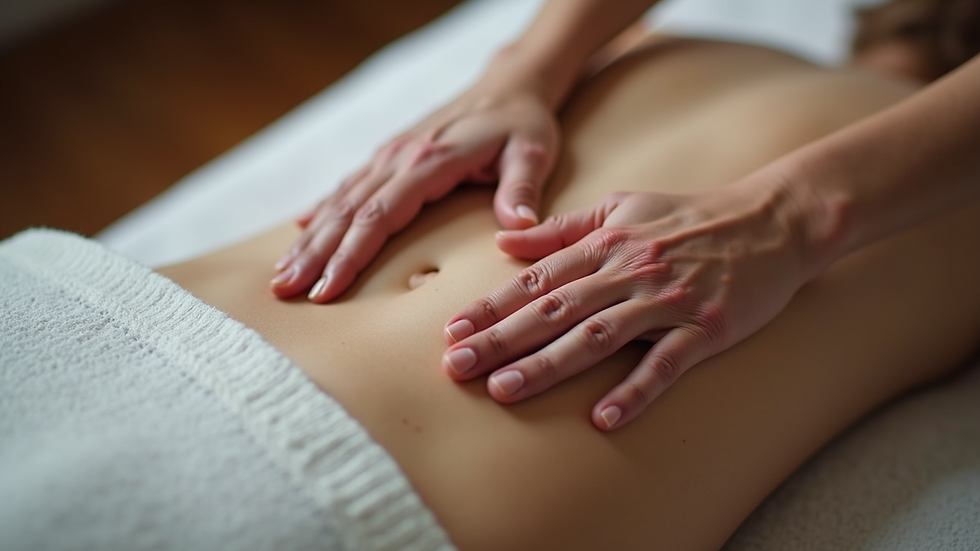 High angle view of a healing touch practitioner’s hands positioned near a client’s torso