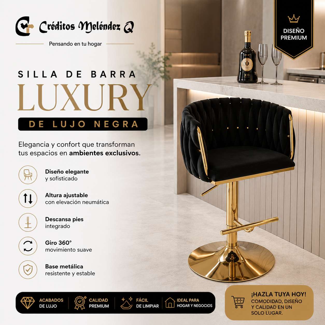 SILLA DE BARRA LUXURY DE LUJO NEGRA