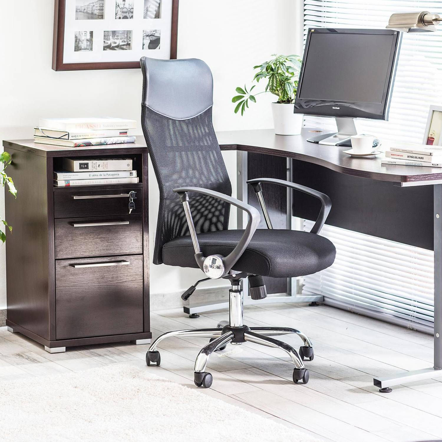 Silla de Escritorio Ejecutiva Cromada con Brazos Negra