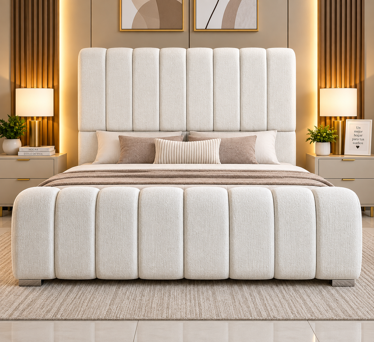 CAMA NUBE#1 -1.40 CON LARGUEROS PRADERA BEIGE