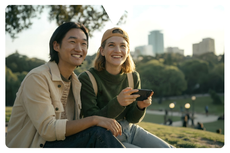 Two people sitting on grass, smiling while looking at a smartphone displaying the Driftscape digital tourism app. City skyline and trees in the background. Casual and joyful mood.