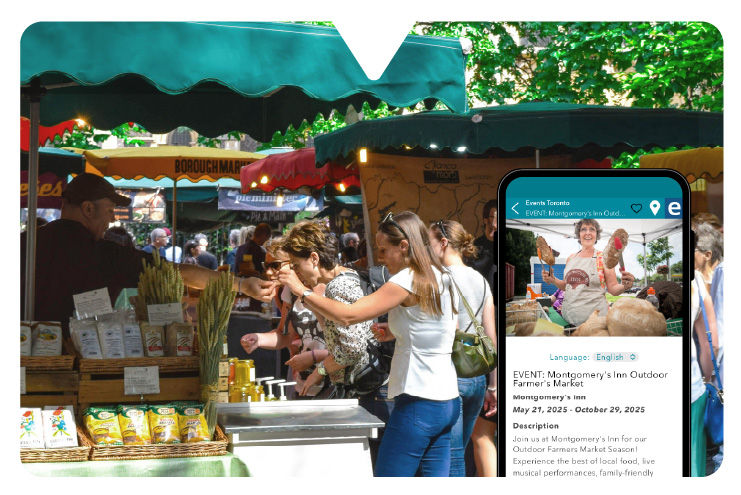 People browse a colorful outdoor farmer's market. A phone screen displays event details, part of the Driftscape app.