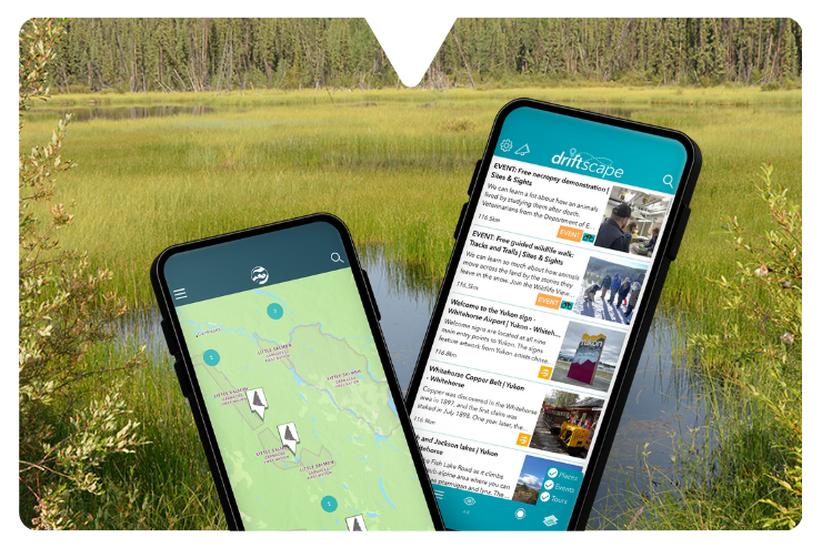 Two smartphones using the Driftscape digital tourism app display a map and an event listings page.