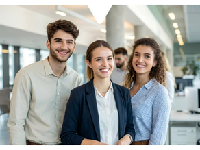 Three smiling professionals in an office setting, standing confidently. Bright lighting and modern decor in the background. Business attire.