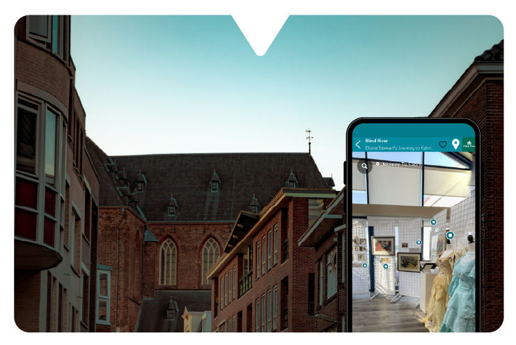 Old brick buildings under a clear sky with a smartphone screen showing a museum interior. Blue background on phone app displaying a museum tour app.