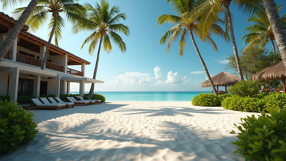 Wide angle view of a luxurious beachside resort with palm trees