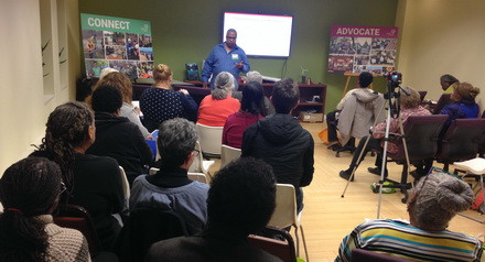 Faith in Place presents its Faithful Citizens Workshop to a small crowd.