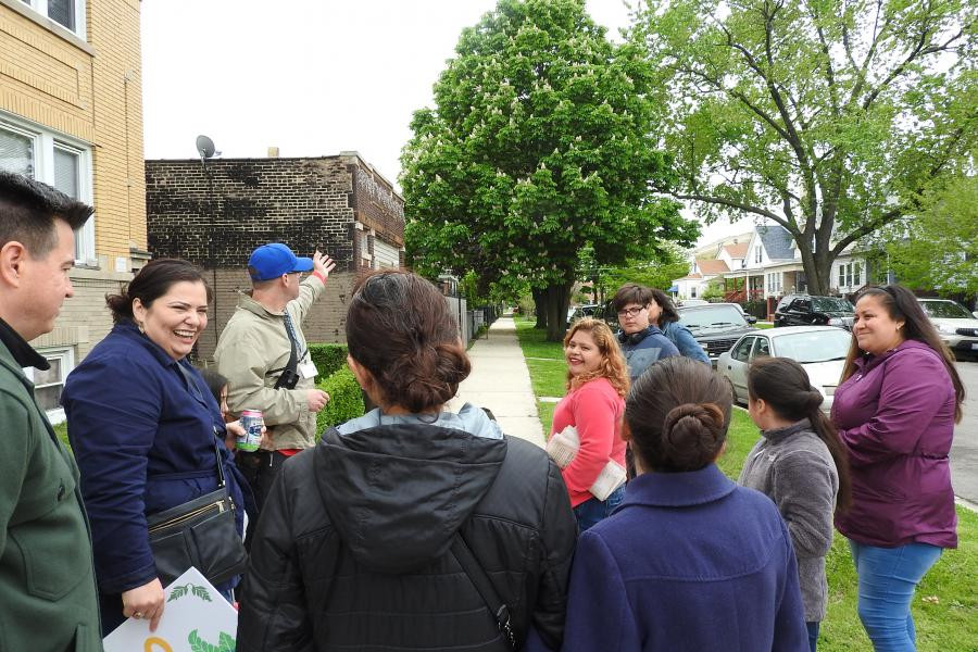 Photo: Lorena helped facilitate a tree nature walk with St. Clare of Montefalco Catholic Church in Chicago in May 2018 with Openlands and the U.S. Forest Service.