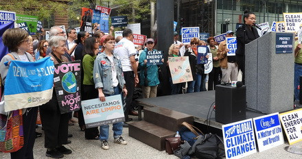 Dulce Ortiz, Environmental Justice Advocate with Clean Power Lake County, speaks at the rally.