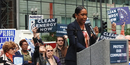 State Rep. Juliana Stratton speaks at a rally held outside of the Federal Building where the hearing was held.