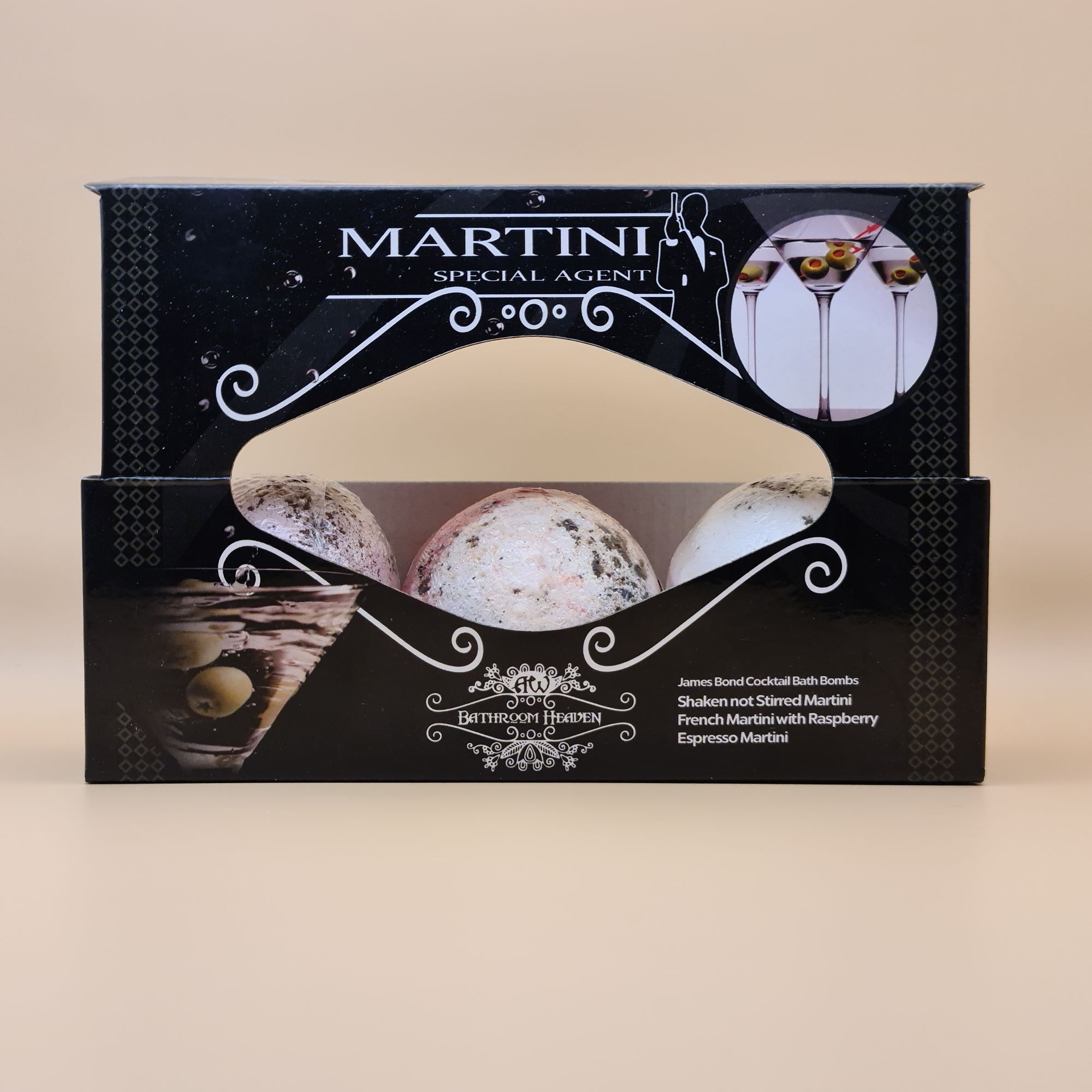 Martini cocktail bath bomb set including 3 Martini themed bath bombs inside themed display box