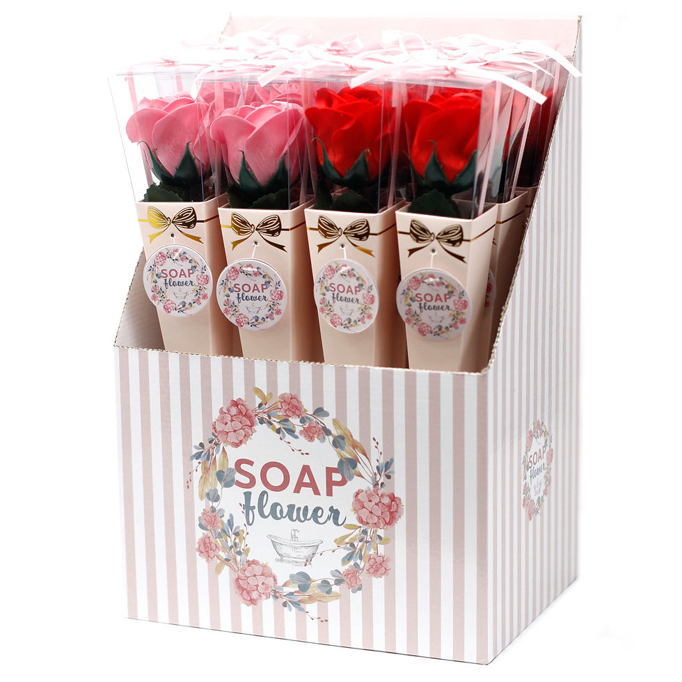 artful display stand showing the pink and red soap roses 