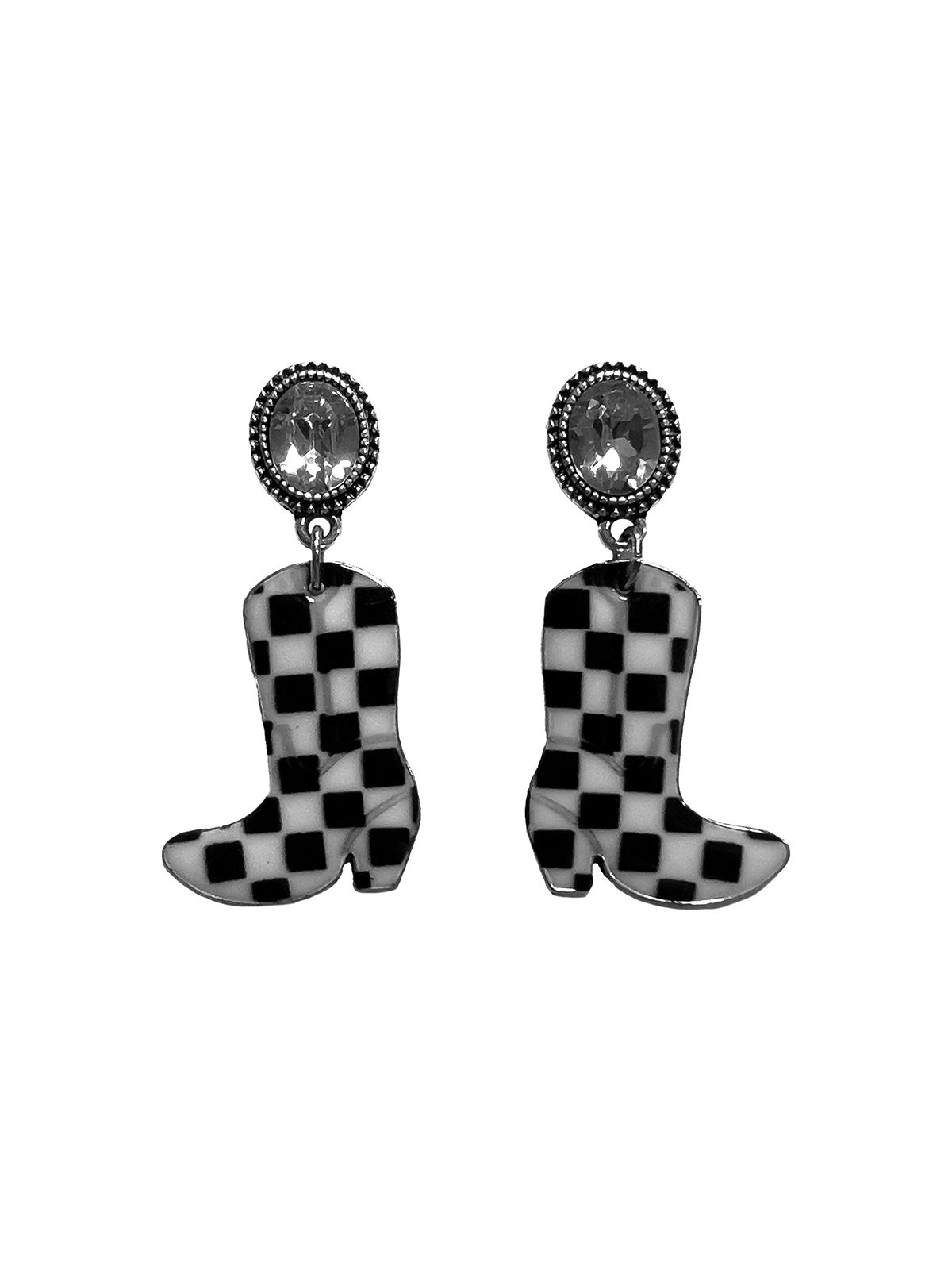 Silver Strike Ladies Earrings Checker Boots Black and White