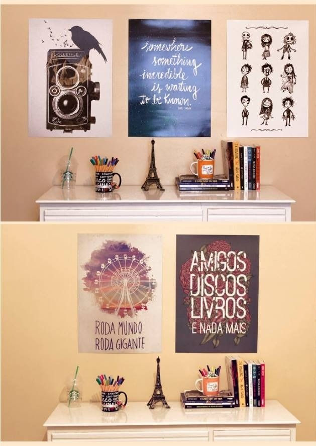 Cômoda com caneca, miniatura da Torre Eiffel e livros e na parede pôsteres