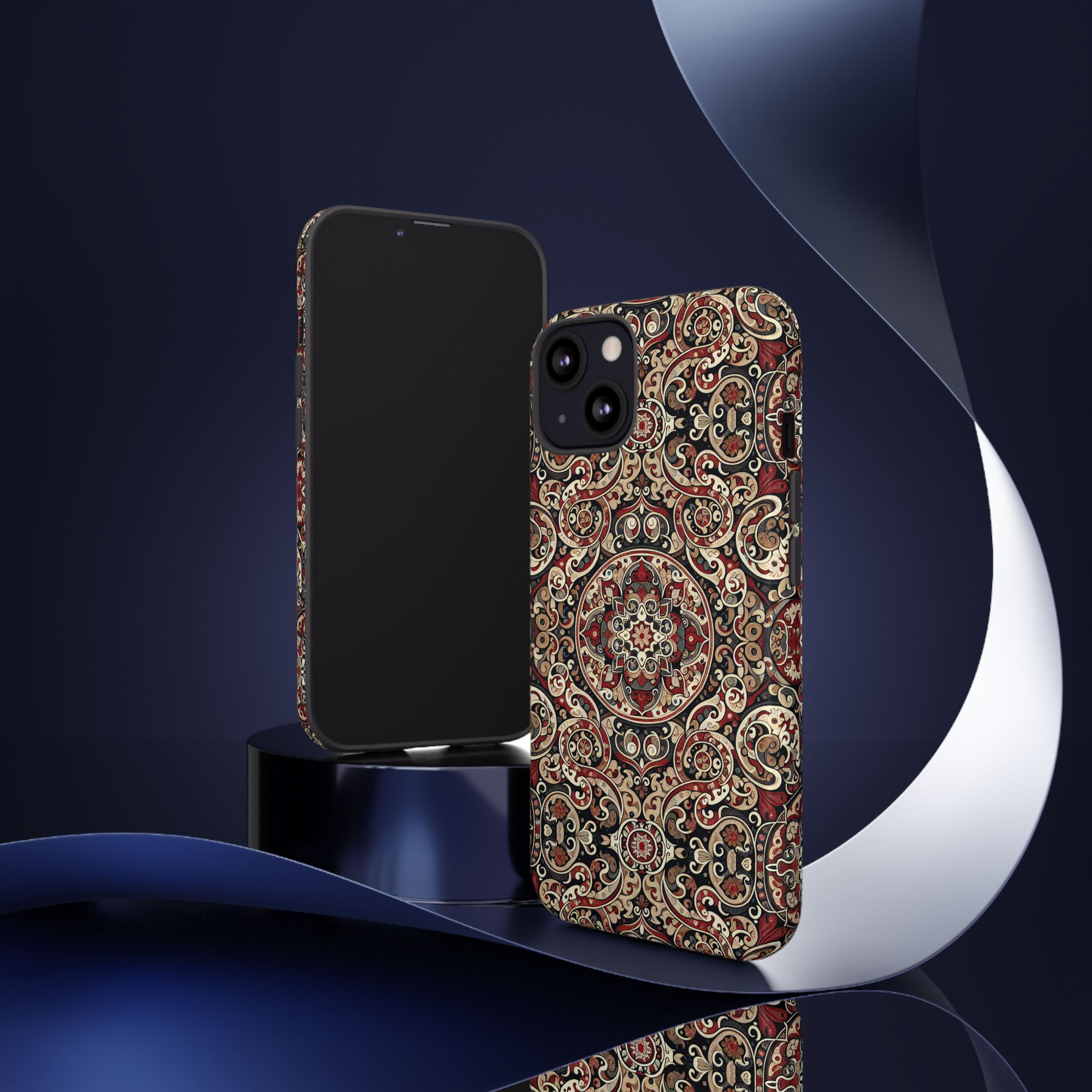 Persian iPhone case with a dark red and brown Persian phone case design inspired by traditional Persian carpets.