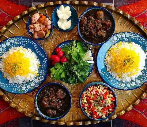 Persian Food Fesenjoon Ghormeh Sabzi Rice and Tahdig