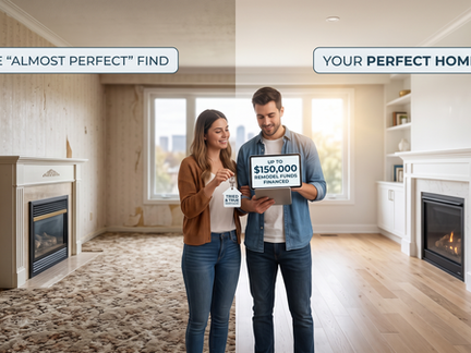 A vertically split comparison image showing the transformation of a living room scene. On the left side, titled 'THE "ALMOST PERFECT" FIND', a young couple stands in a dated, empty room with peeling patterned wallpaper and old carpet. They hold keys and a tablet reading 'UP TO $150,000 REMODEL FUNDS FINANCED', looking hopeful. On the right side, titled 'YOUR PERFECT HOME', the same couple smiles happily in the identical space, which is now fully renovated with smooth grey walls, built-in white shelving, a modern fireplace, and light hardwood floors.