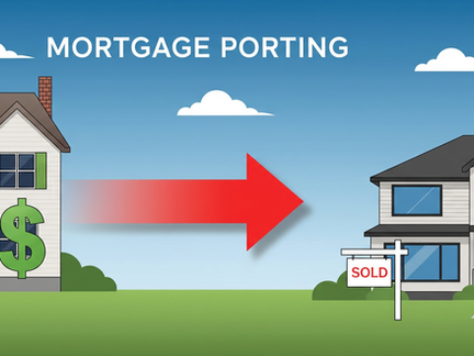 An illustration showing a house with a dollar sign on it and a large red arrow pointing to a new house, representing the process of mortgage porting.