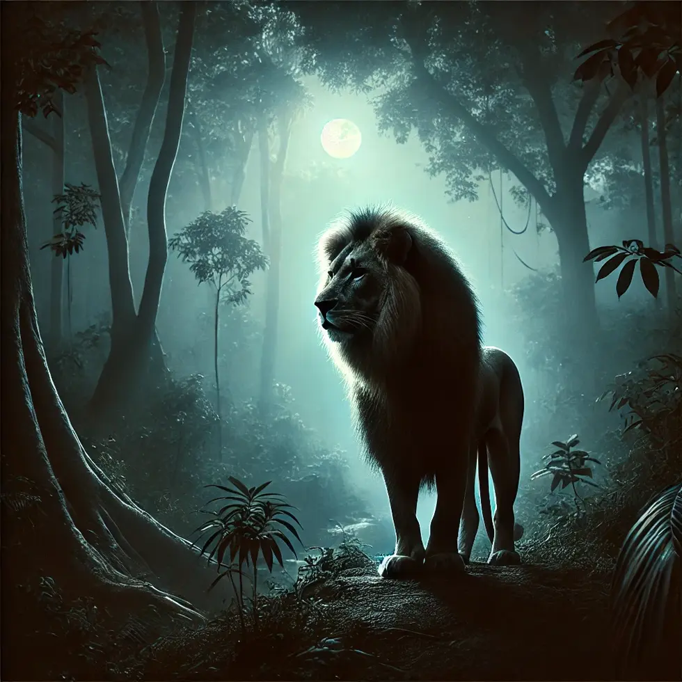 DALL·E 2024-08-19 14.26.09 - A majestic lion standing in the jungle under the dim light of dawn. The lion is illuminated by soft, bluish moonlight, with the surrounding trees and