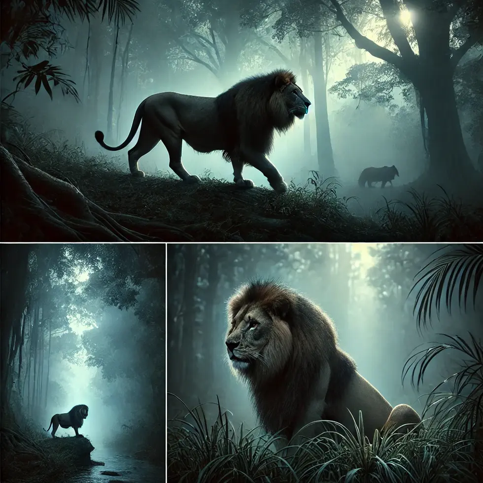 DALL·E 2024-08-19 14.31.01 - A series of images capturing a majestic lion in the jungle at dawn. The lion is portrayed in various natural poses_ walking through the misty jungle,