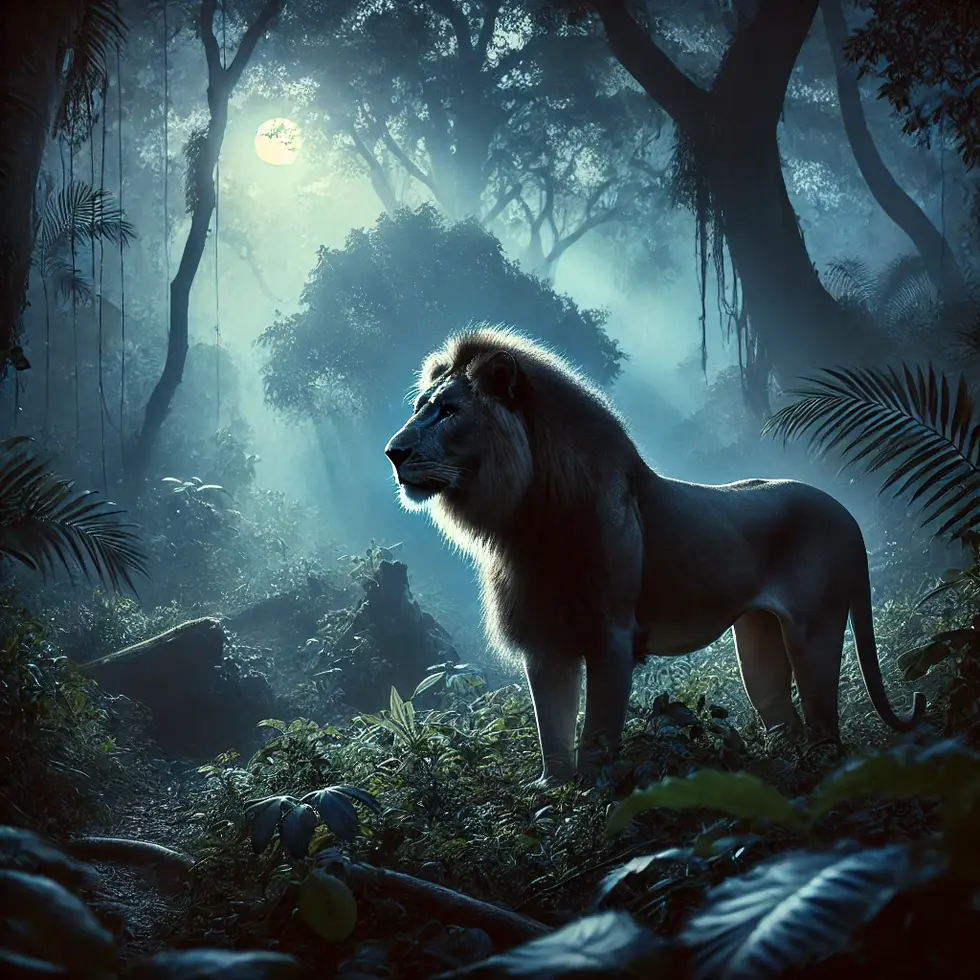 DALL·E 2024-08-19 14.29.36 - A majestic lion standing in the jungle during the early hours of dawn. The lion is bathed in soft, bluish moonlight, highlighting its powerful form. S